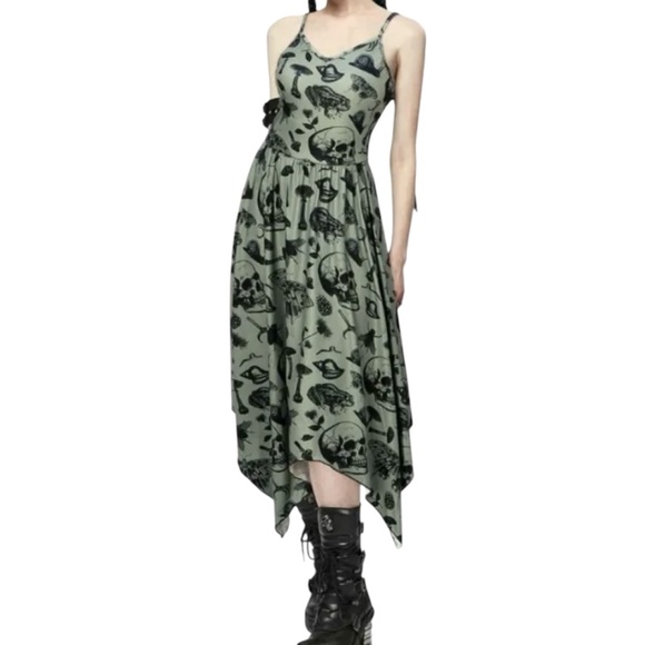 Shasilo Gothic Witchy Skull Print Sleeveless Handkerchief Sage Green Dress - Picture 1 of 9